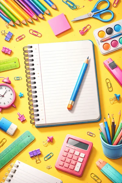 School Supplies Arranged On A Yellow Desk