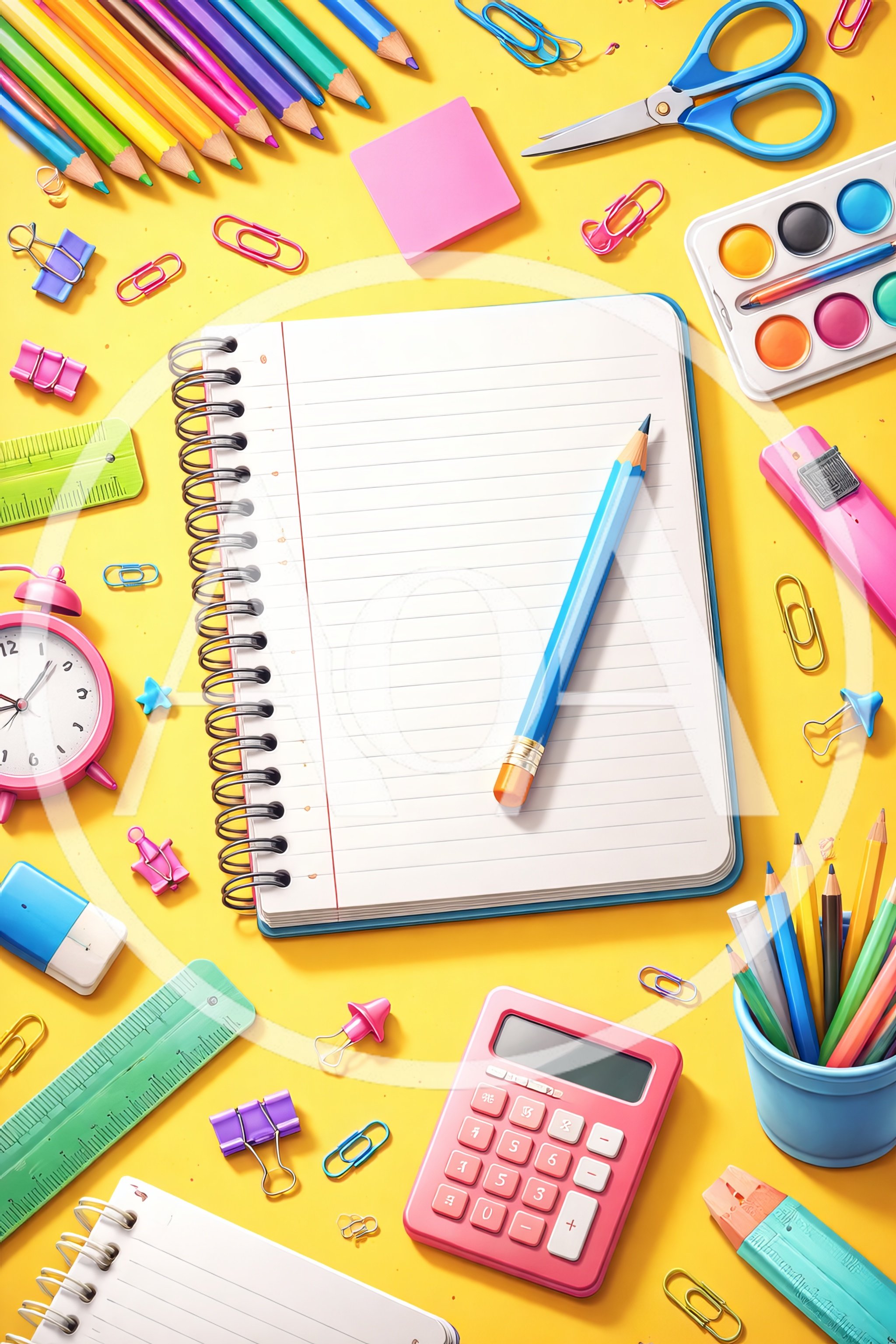 School Supplies Arranged On A Yellow Desk