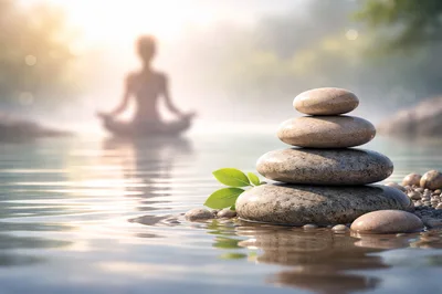 Zen Meditation With Stacked Stones In Calm Water