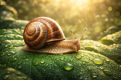 Garden Snail Crawling On A Dewy Green Leaf
