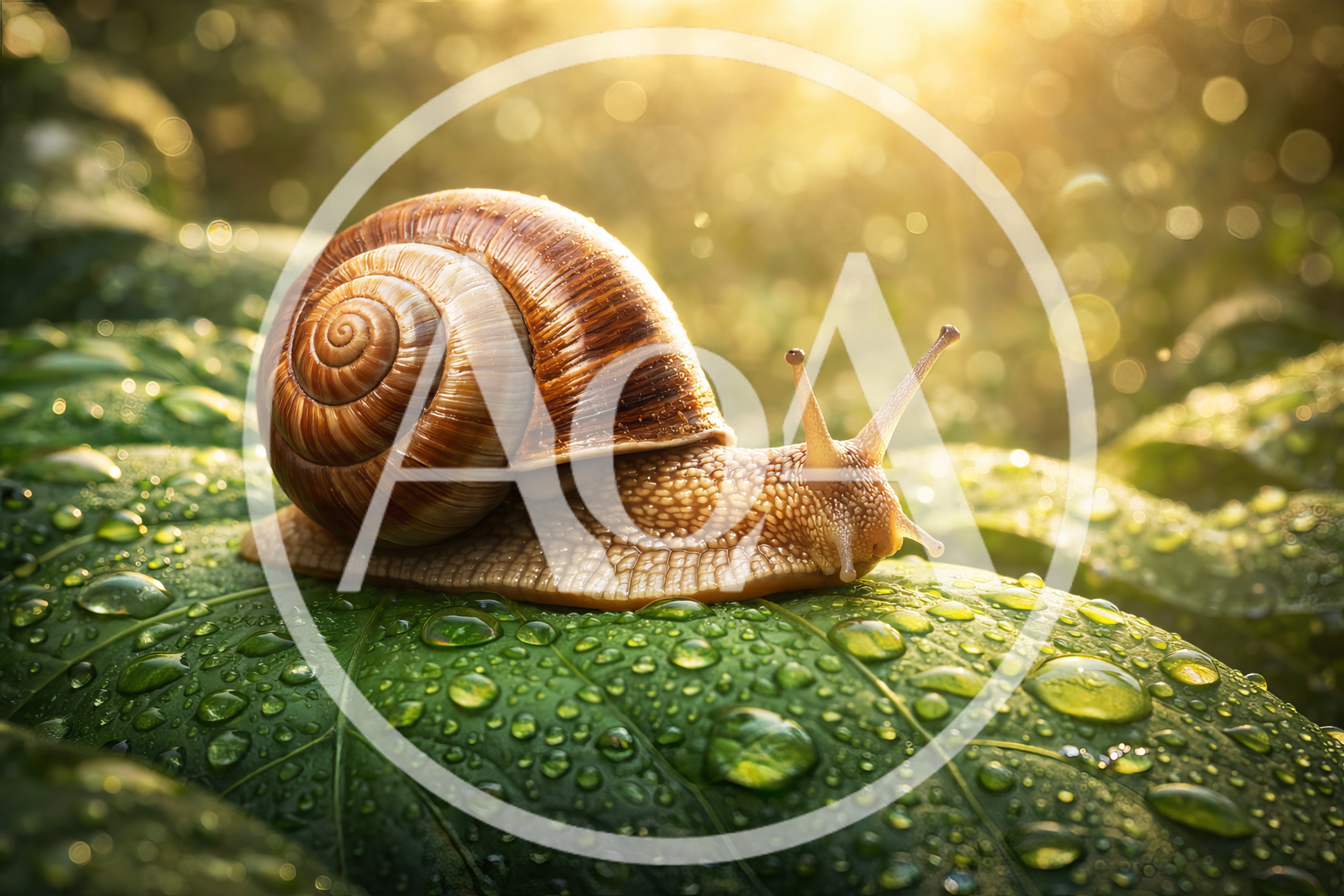 Garden Snail Crawling On A Dewy Green Leaf