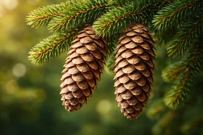 Two Brown Pine Cones Hanging From Evergreen Tree Branch