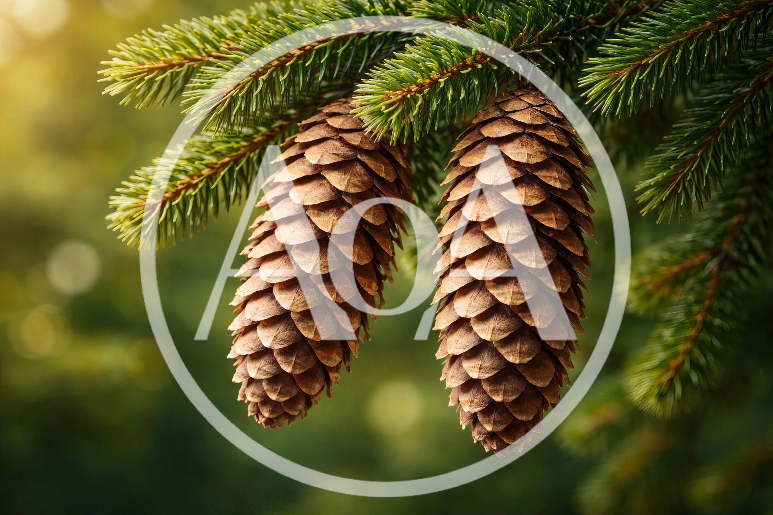 Two Brown Pine Cones Hanging From Evergreen Tree Branch