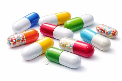Assorted Colorful Medical Capsules Scattered on White Background