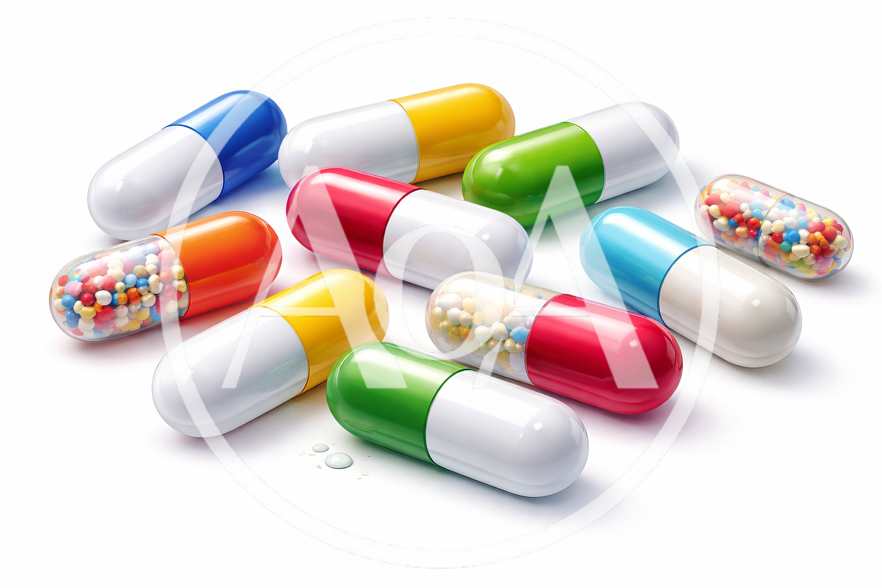 Assorted Colorful Medical Capsules Scattered on White Background