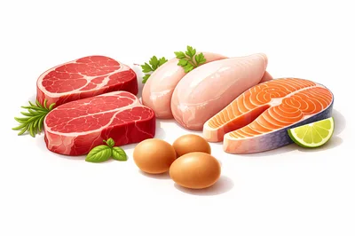 Assorted Raw Protein Sources Including Meat Fish And Eggs