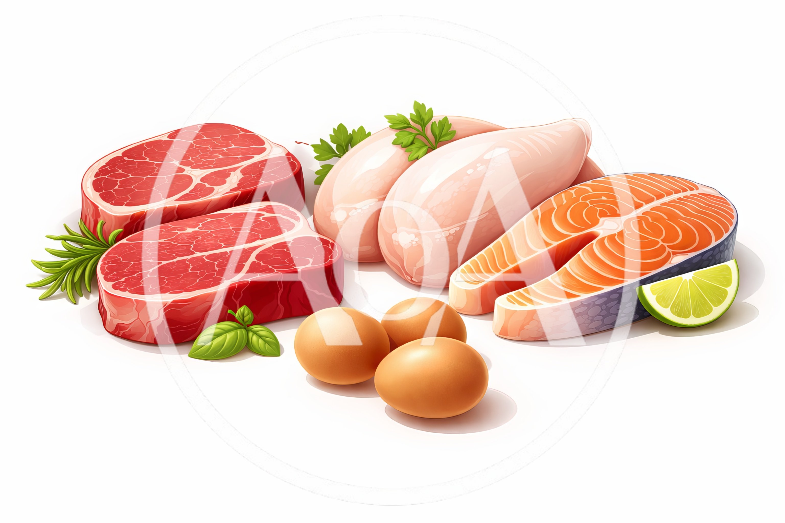 Assorted Raw Protein Sources Including Meat Fish And Eggs