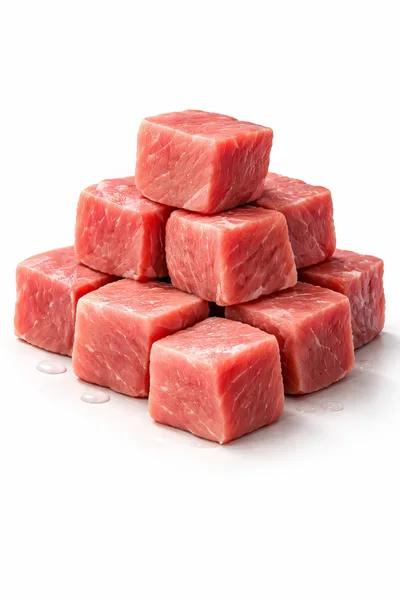 Stack Of Raw Beef Cubes On White Background