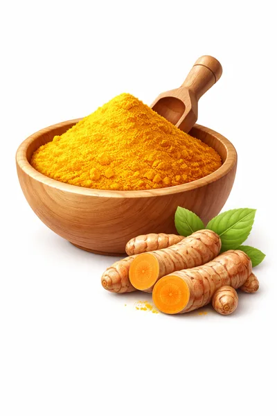 Turmeric Powder In Wooden Bowl With Fresh Roots