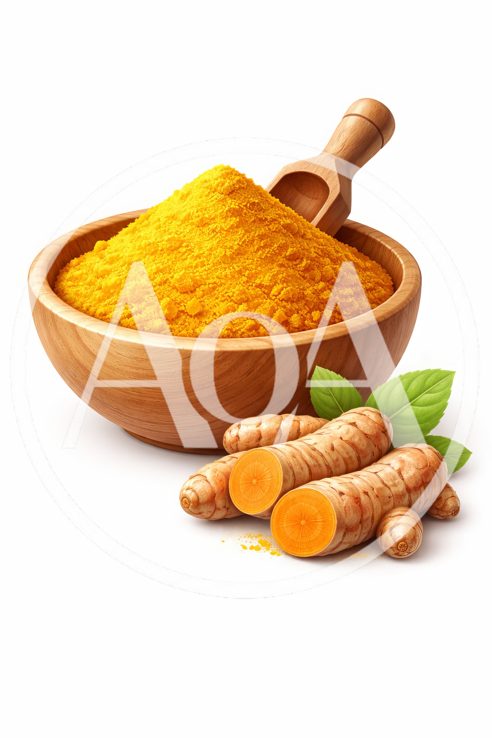 Turmeric Powder In Wooden Bowl With Fresh Roots