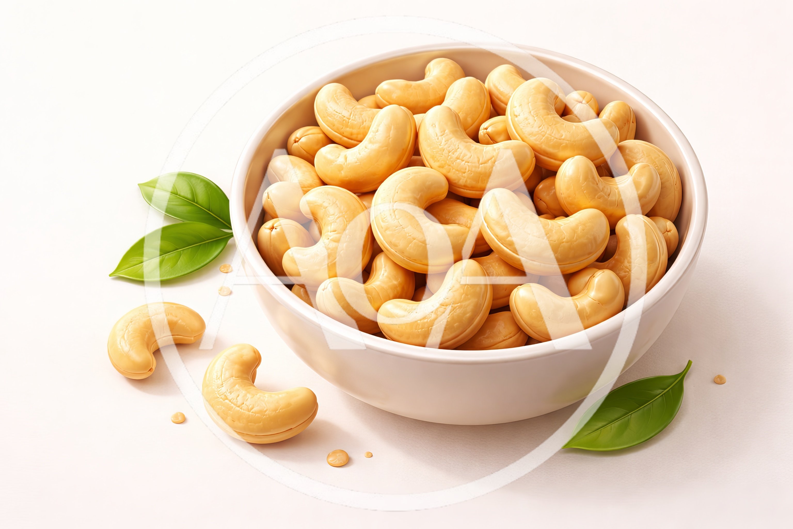 Bowl Of Roasted Cashew Nuts With Green Leaves