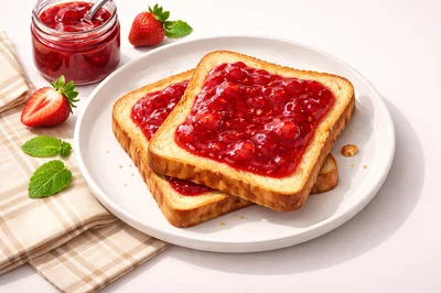 Two Slices Of Toast With Strawberry Jam