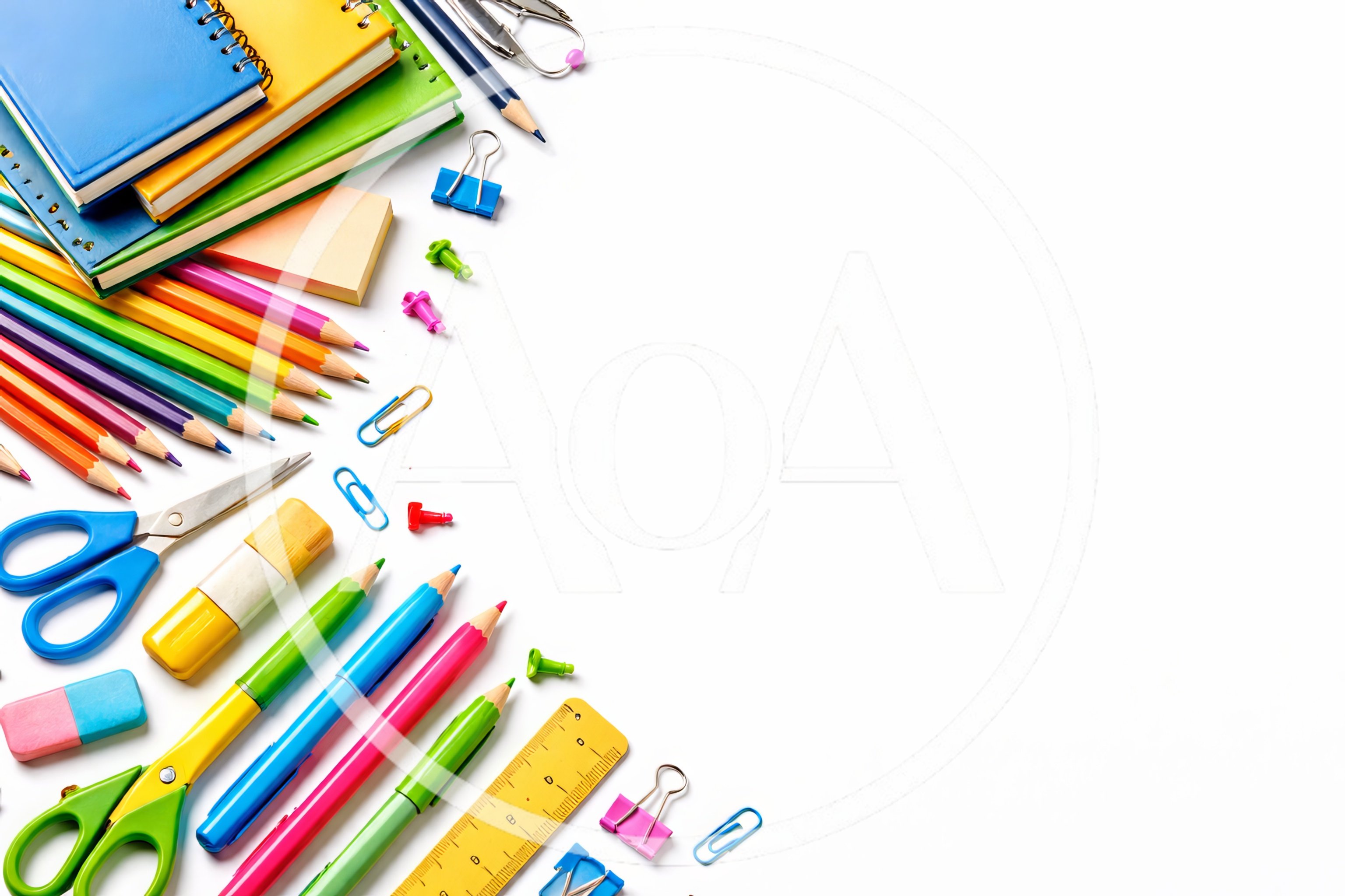 Assorted School Supplies Arranged on White Background