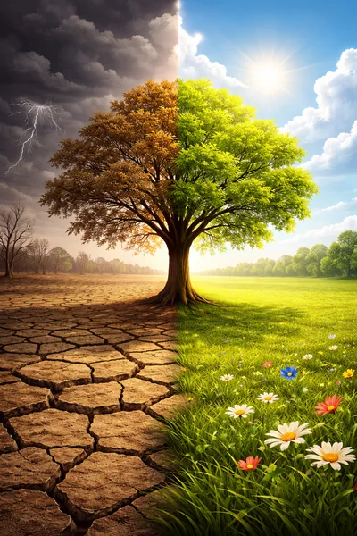 Conceptual Split View Of Climate Change And Nature