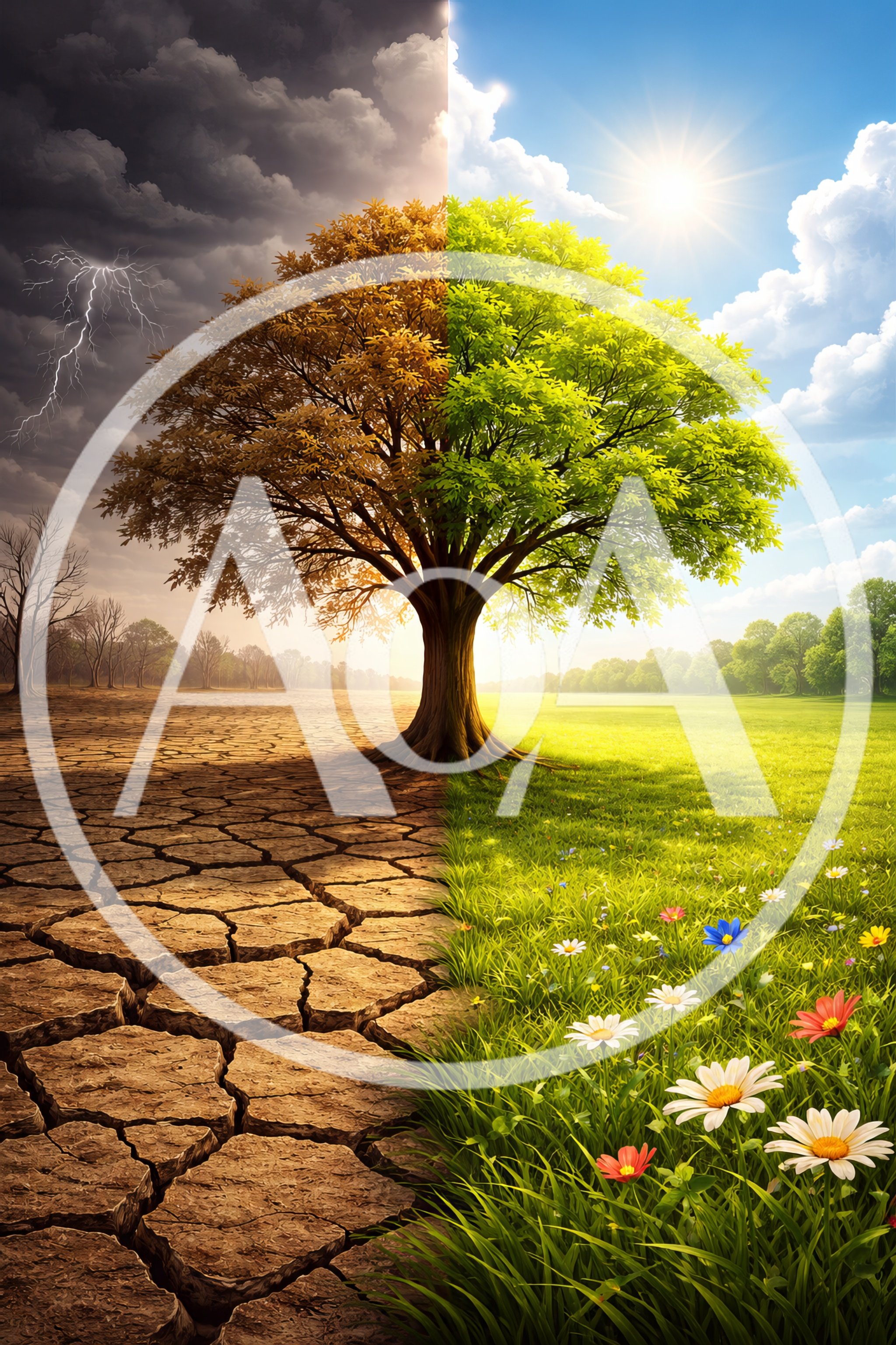 Conceptual Split View Of Climate Change And Nature