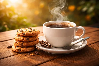 Stack of Chocolate Chip Cookies and Steaming Coffee