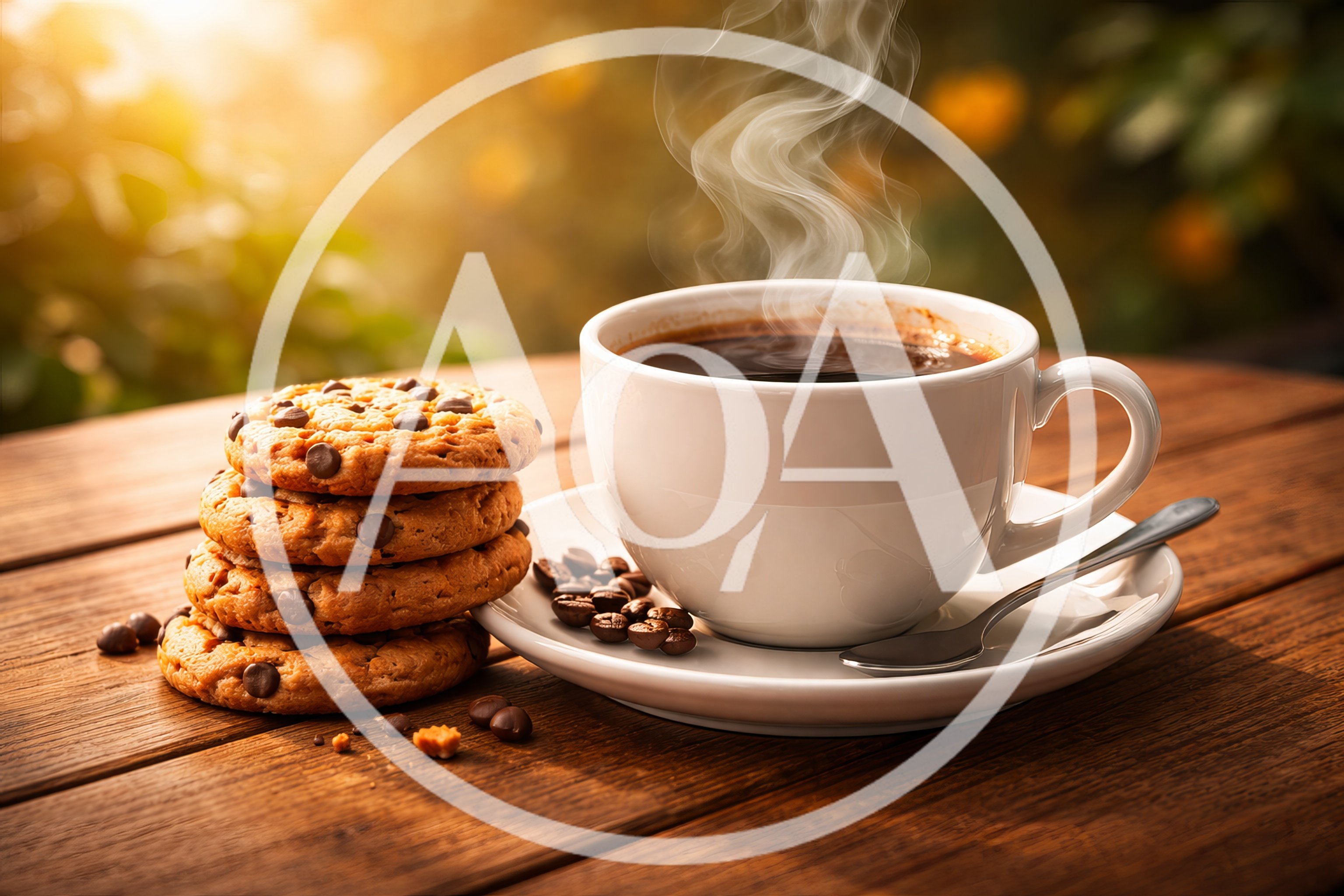 Stack of Chocolate Chip Cookies and Steaming Coffee