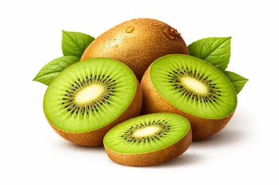 Fresh Whole And Sliced Kiwi Fruit With Green Leaves