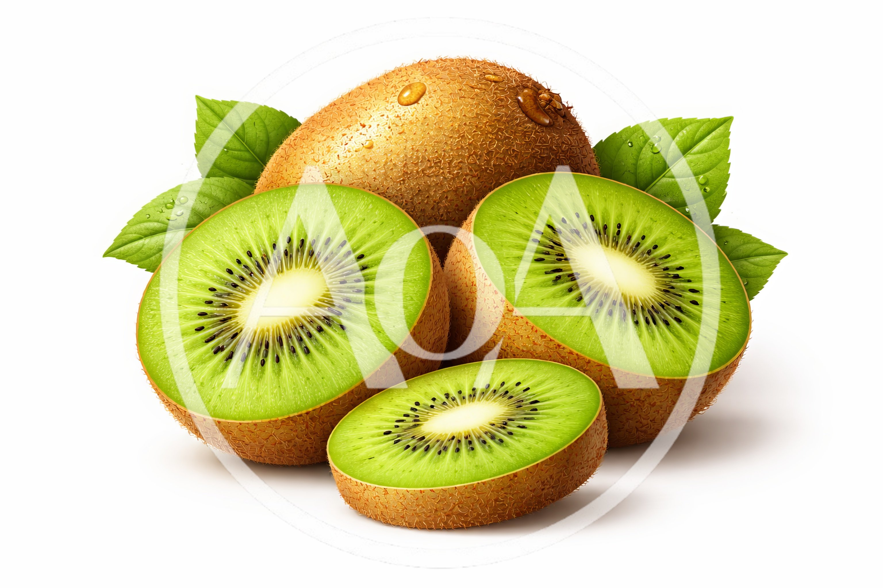 Fresh Whole And Sliced Kiwi Fruit With Green Leaves