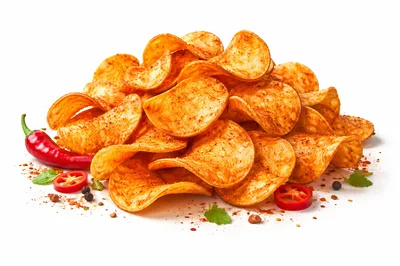 Spicy Potato Chips Pile With Chili Peppers