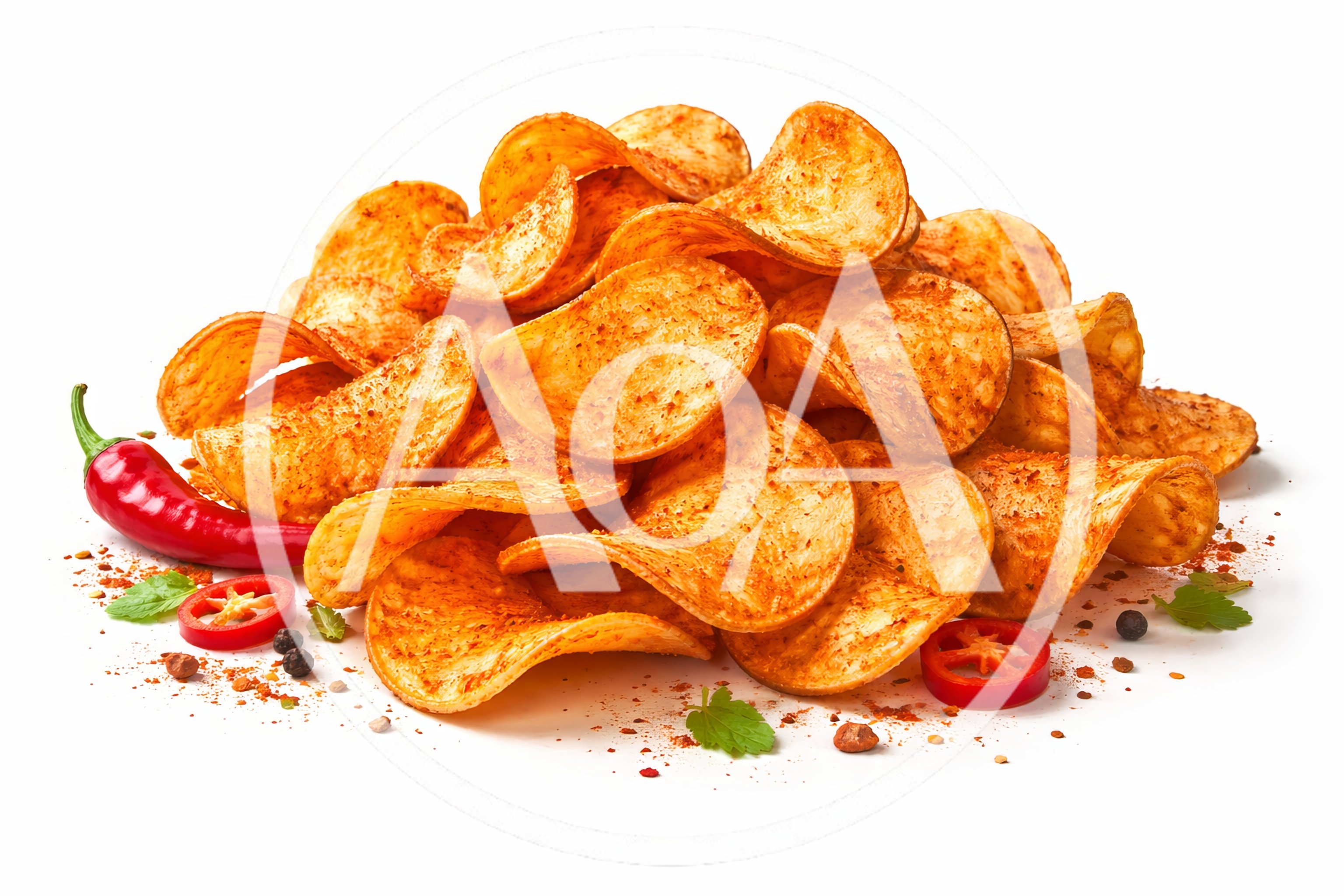 Spicy Potato Chips Pile With Chili Peppers