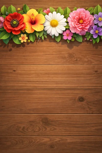 Floral Border On Rustic Wooden Background