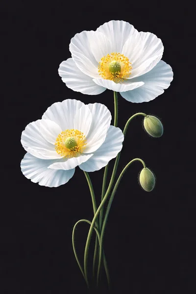 Two White Poppy Flowers With Buds On Black Background