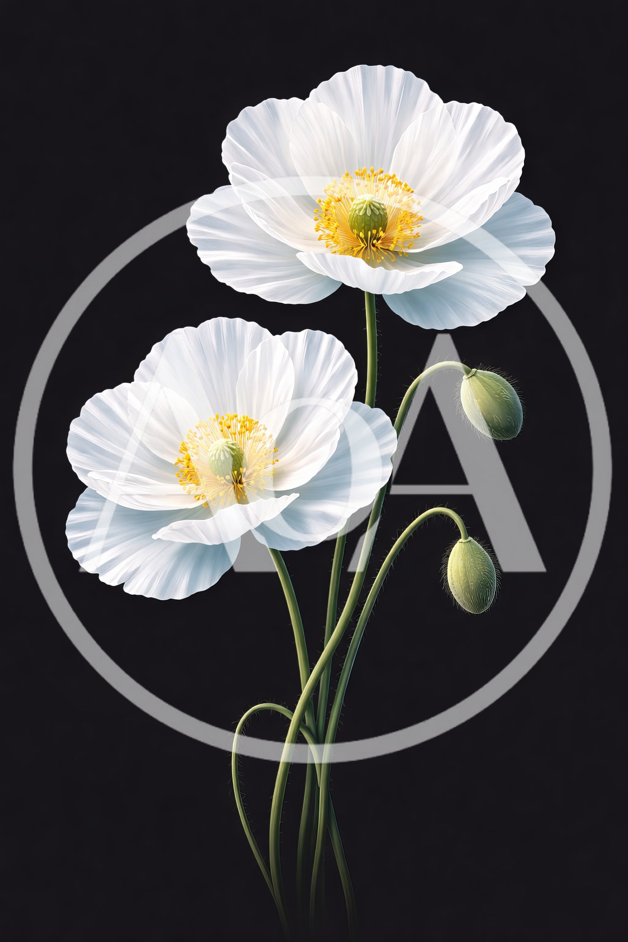Two White Poppy Flowers With Buds On Black Background