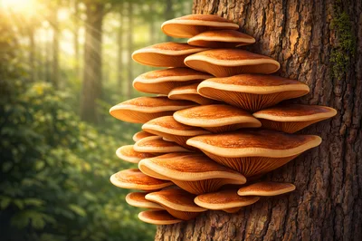 Cluster Of Orange Mushrooms Growing On Tree Trunk