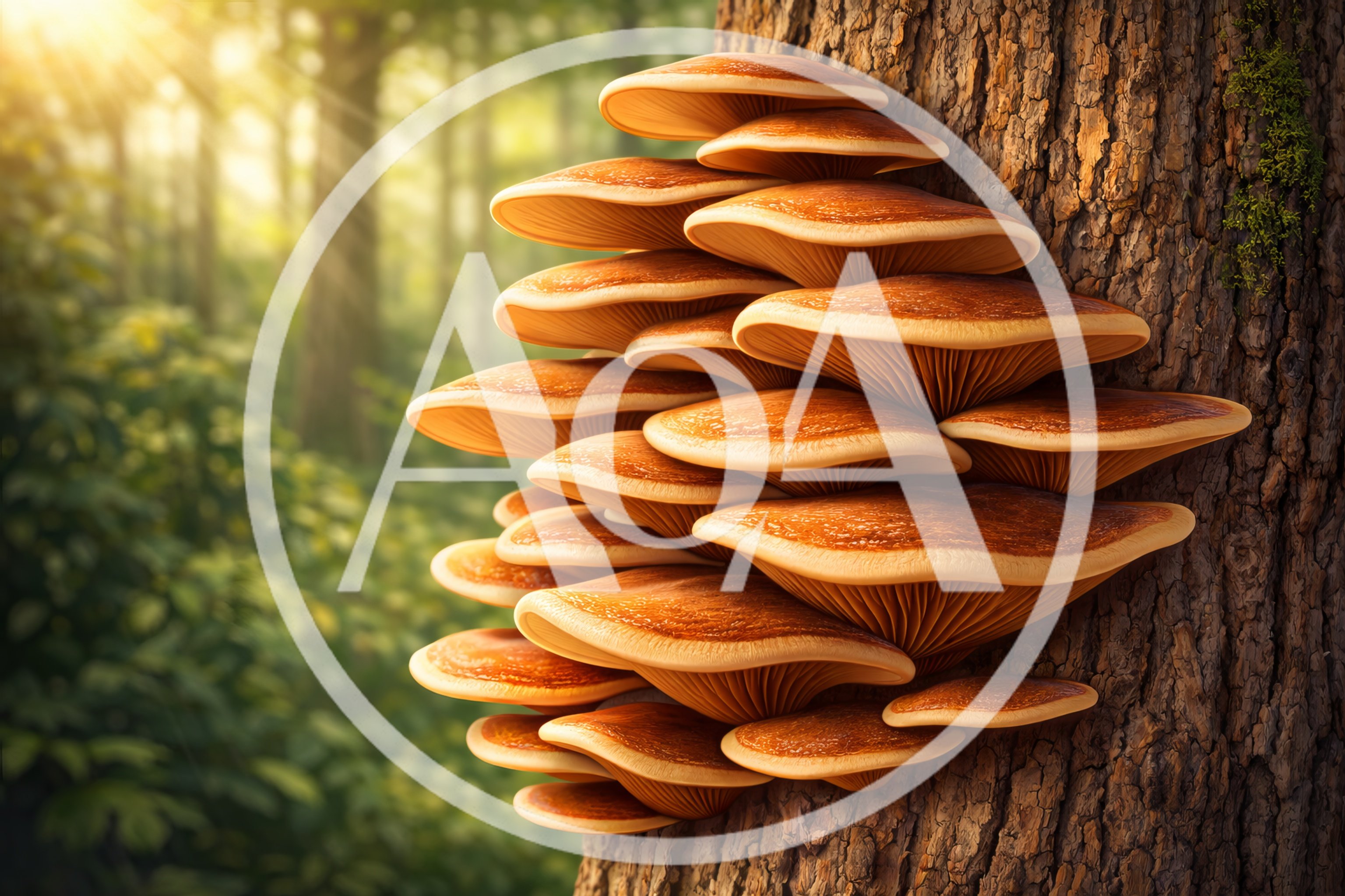 Cluster Of Orange Mushrooms Growing On Tree Trunk