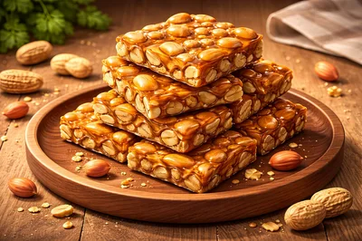 Stack Of Peanut Brittle On A Wooden Plate