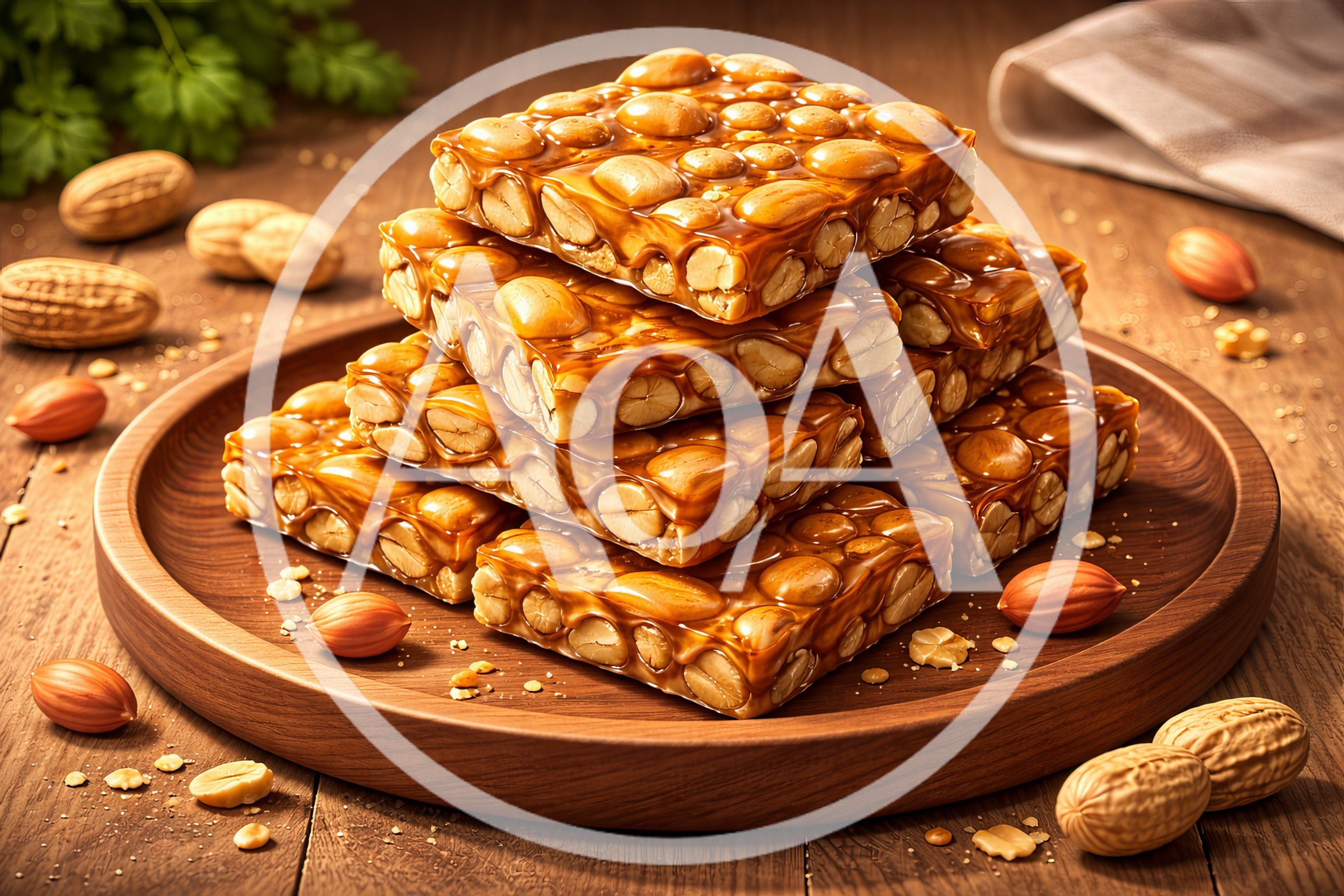 Stack Of Peanut Brittle On A Wooden Plate