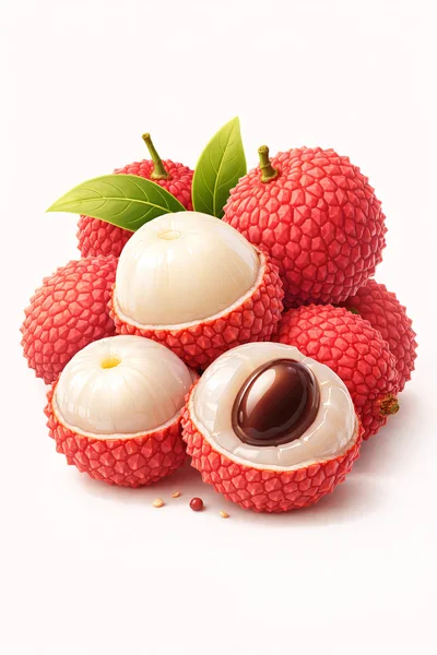 Fresh Lychee Fruits With Leaves On White Background