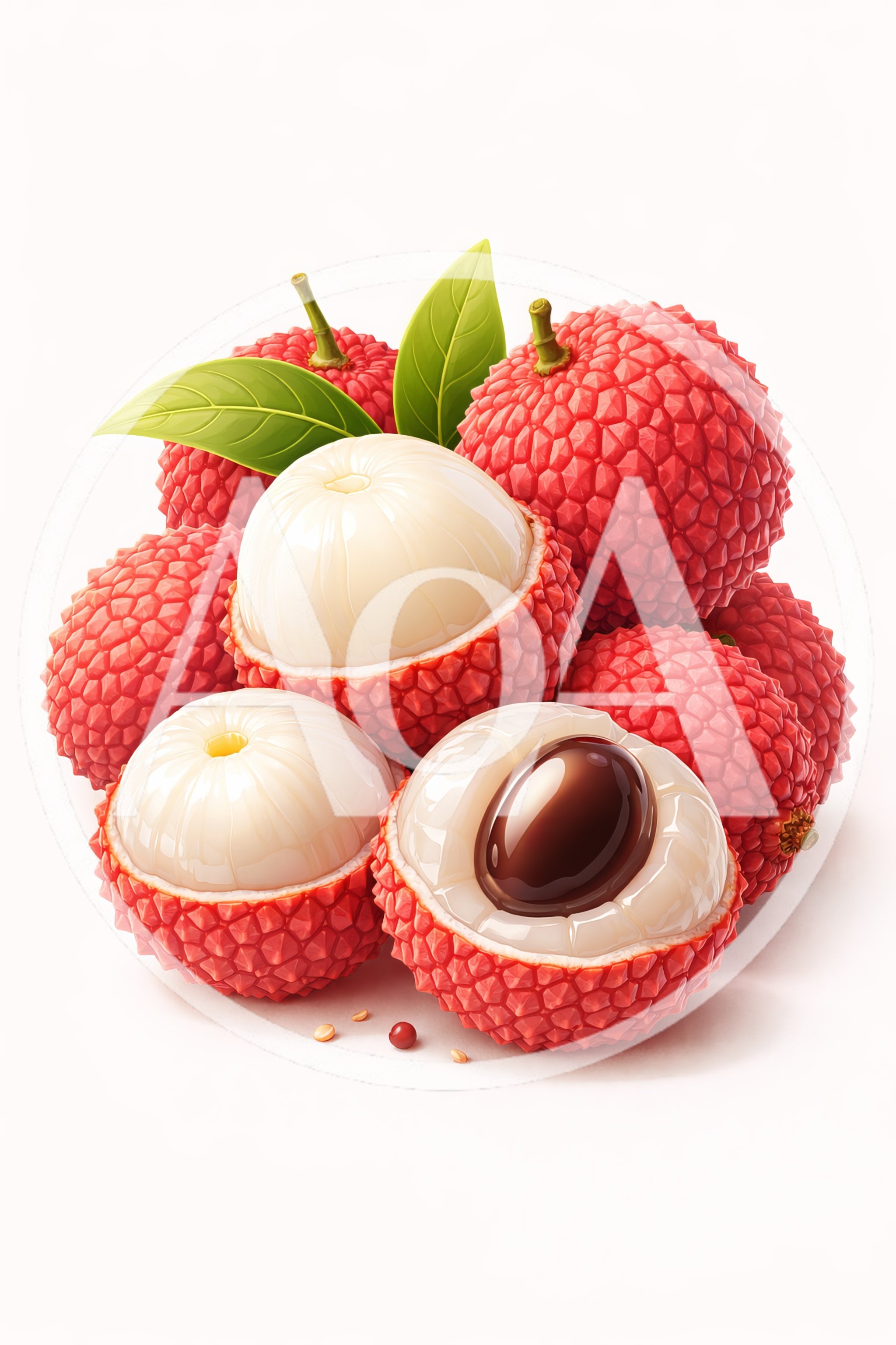Fresh Lychee Fruits With Leaves On White Background