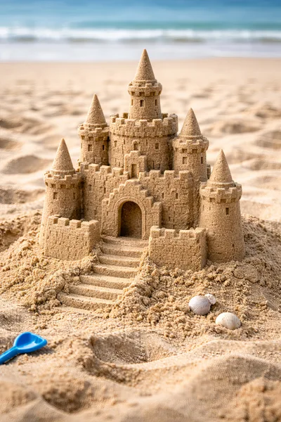 Intricate Sandcastle Built On A Sunny Beach