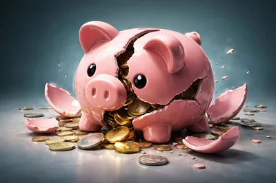 Broken Pink Piggy Bank Overflowing With Gold Coins