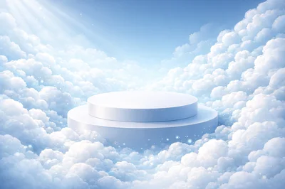 White Circular Product Display Podium In The Clouds