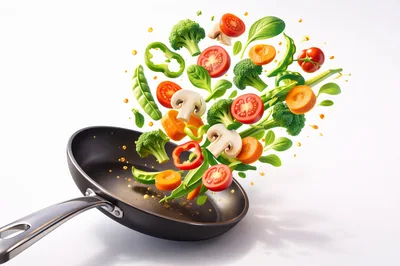 Fresh Vegetables Flying Into A Frying Pan