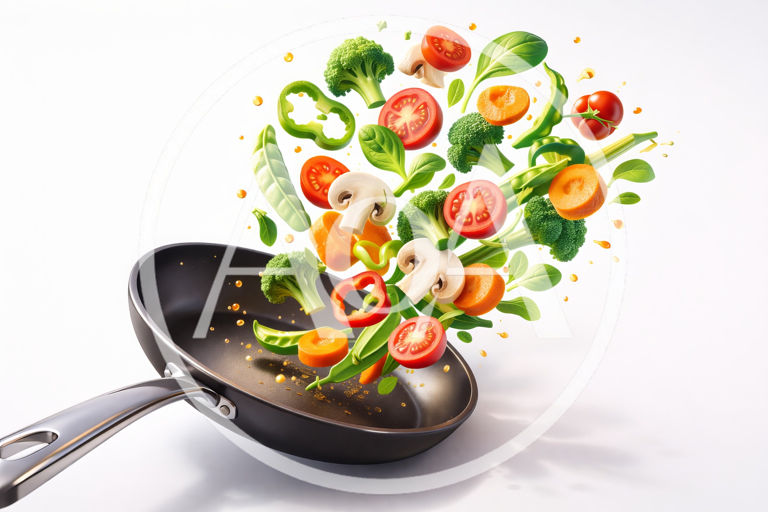 Fresh Vegetables Flying Into A Frying Pan