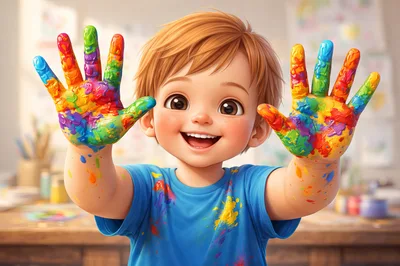 Happy Toddler Boy With Painted Hands