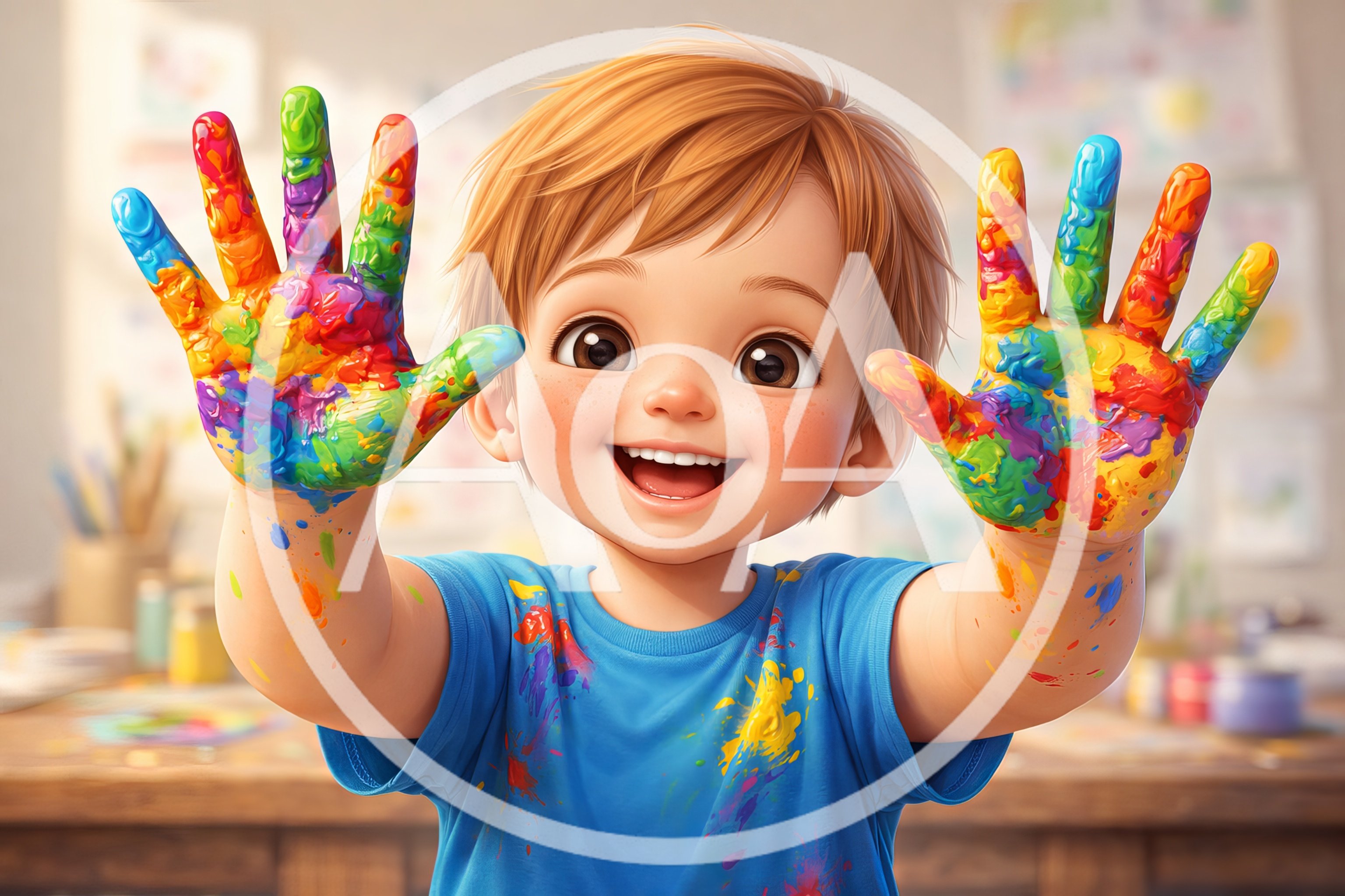 Happy Toddler Boy With Painted Hands