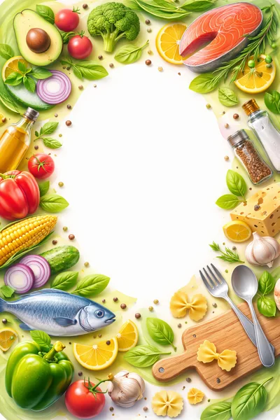 Fresh Healthy Food Ingredients Arranged Around White Oval Frame