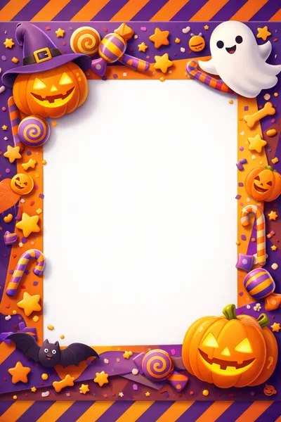 Halloween Themed Decorative Border With Pumpkins And Candy