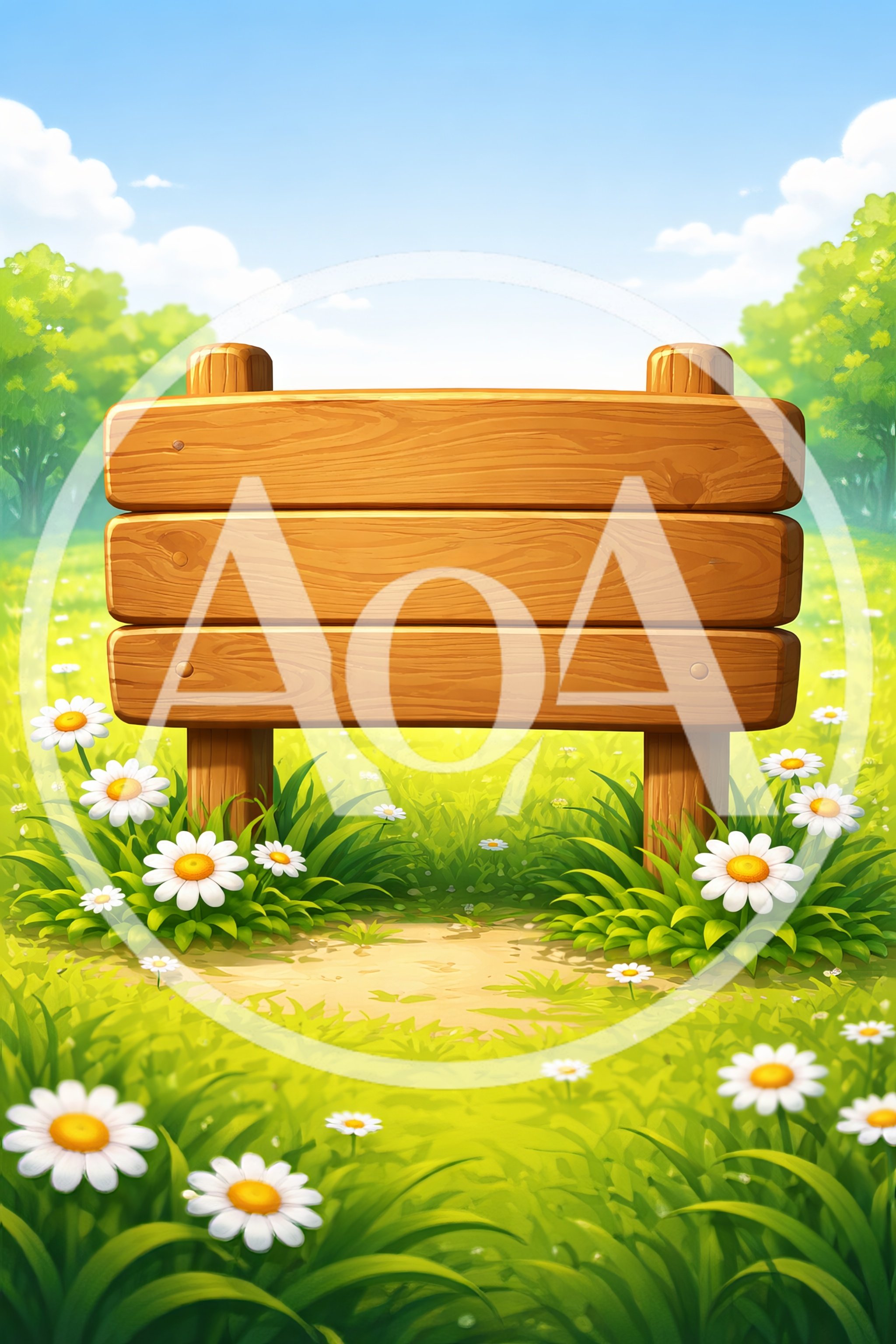 Wooden Signboard in a Sunny Daisy Meadow
