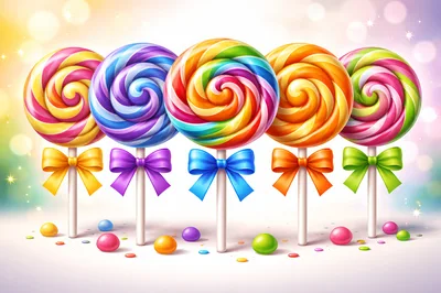Five Colorful Swirl Lollipops With Decorative Bows