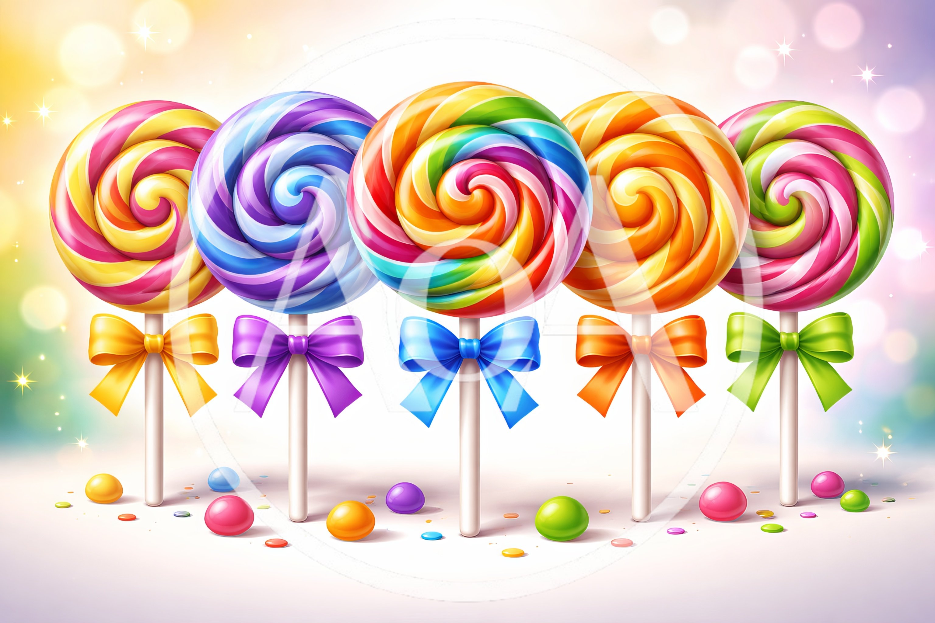 Five Colorful Swirl Lollipops With Decorative Bows