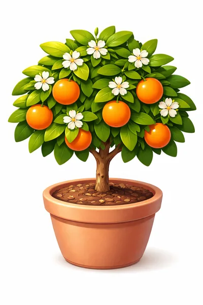 Potted Orange Tree With Blossoms And Fruit