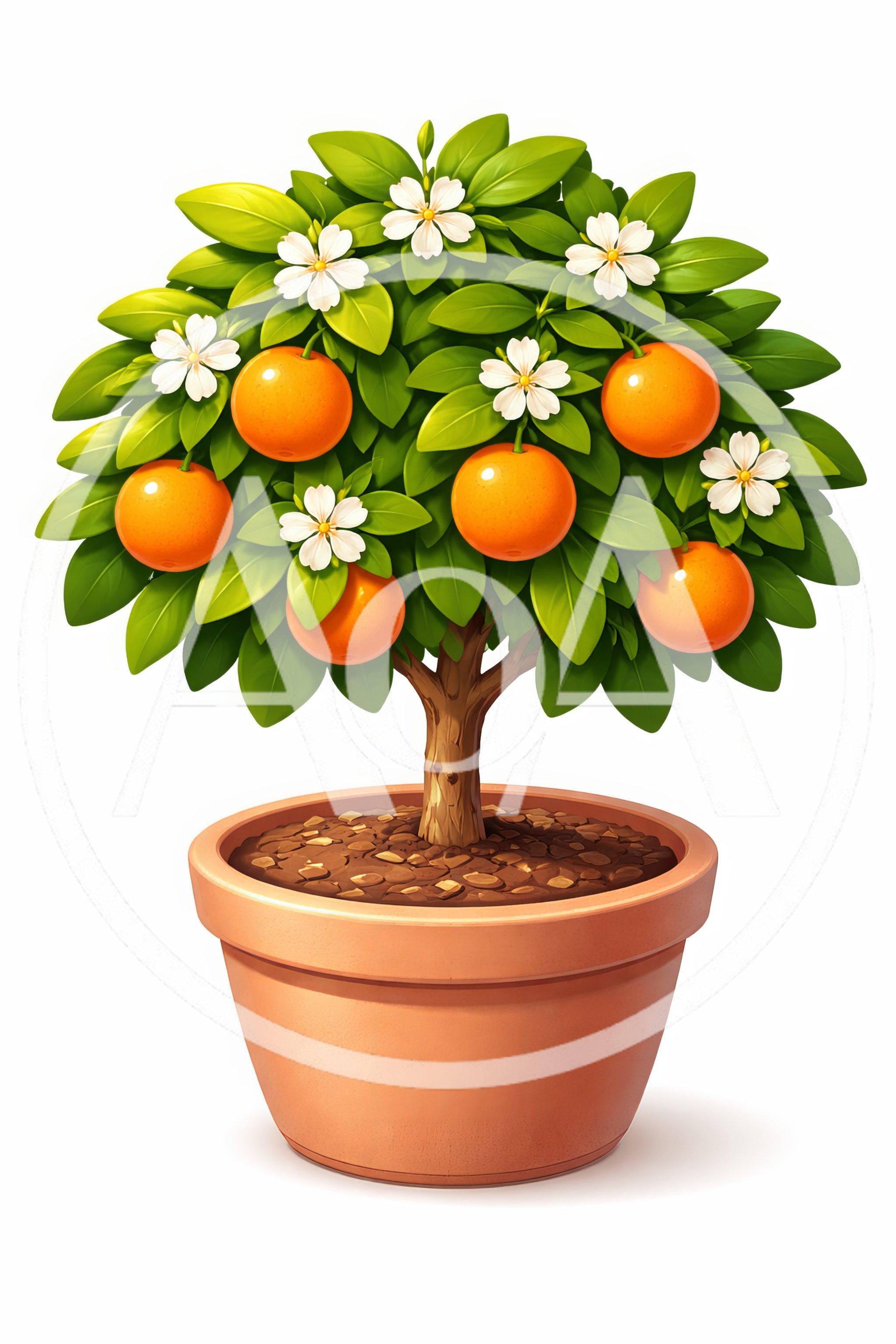 Potted Orange Tree With Blossoms And Fruit