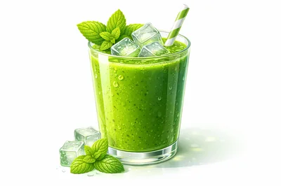 Refreshing Green Smoothie With Mint And Ice Cubes
