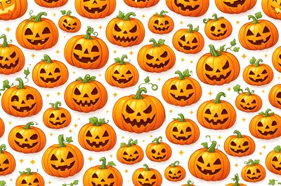 Seamless Pattern Of Spooky Halloween Jack O Lantern Pumpkins
